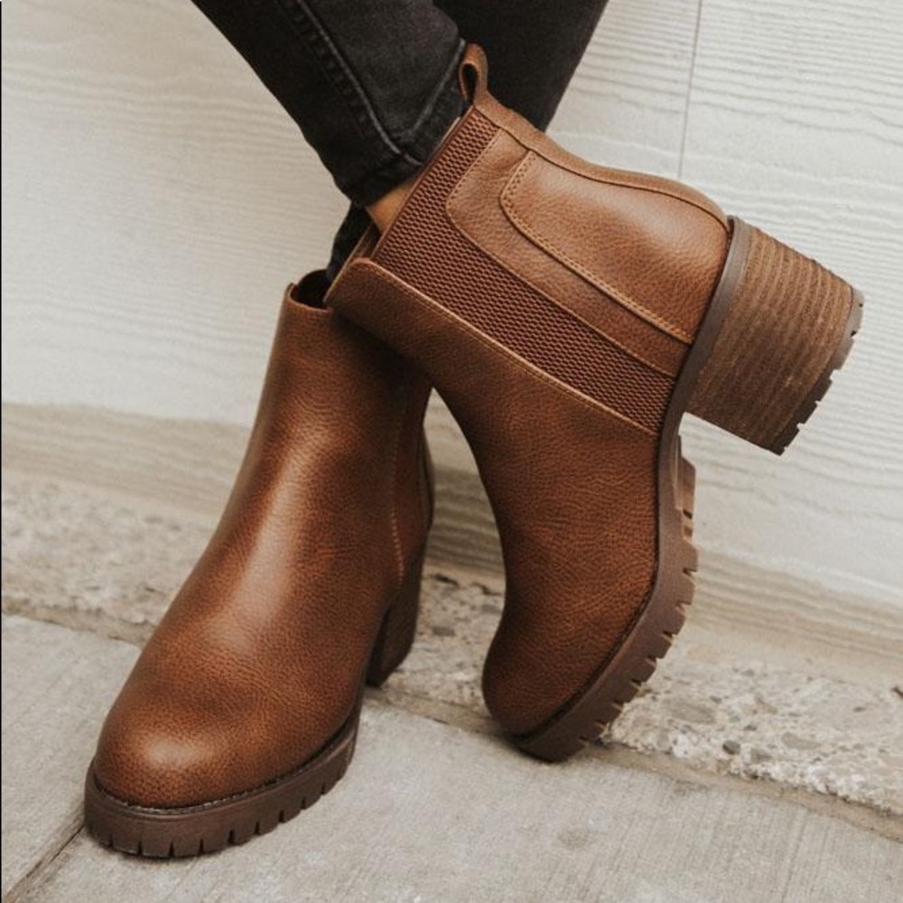 Brown chunky heeled booties